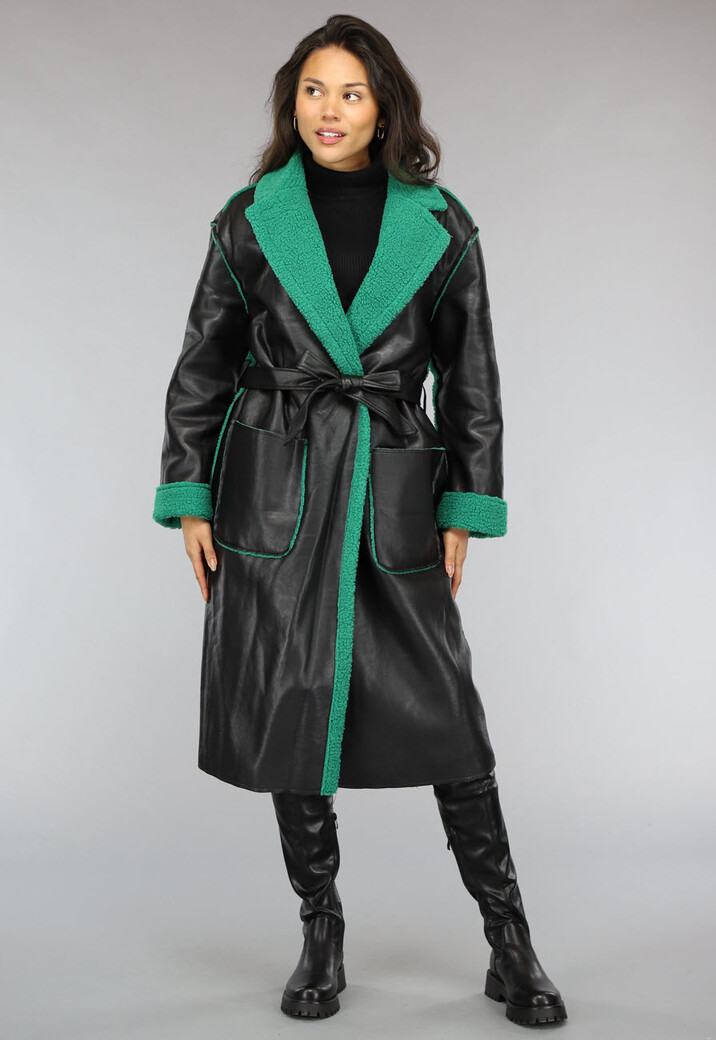 Lange Lederlook Jas met Groene Teddy Voering