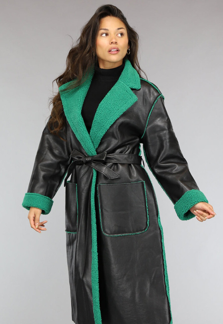 Lange Lederlook Jas met Groene Teddy Voering