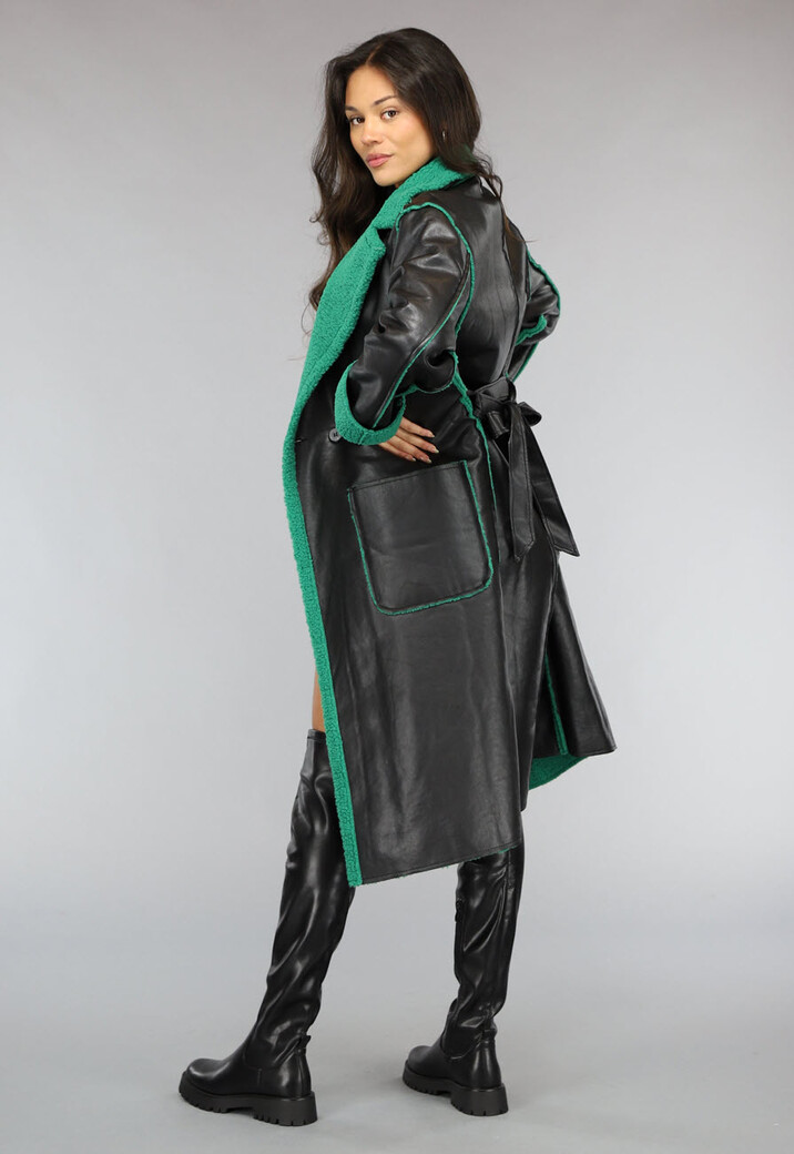 Lange Lederlook Jas met Groene Teddy Voering