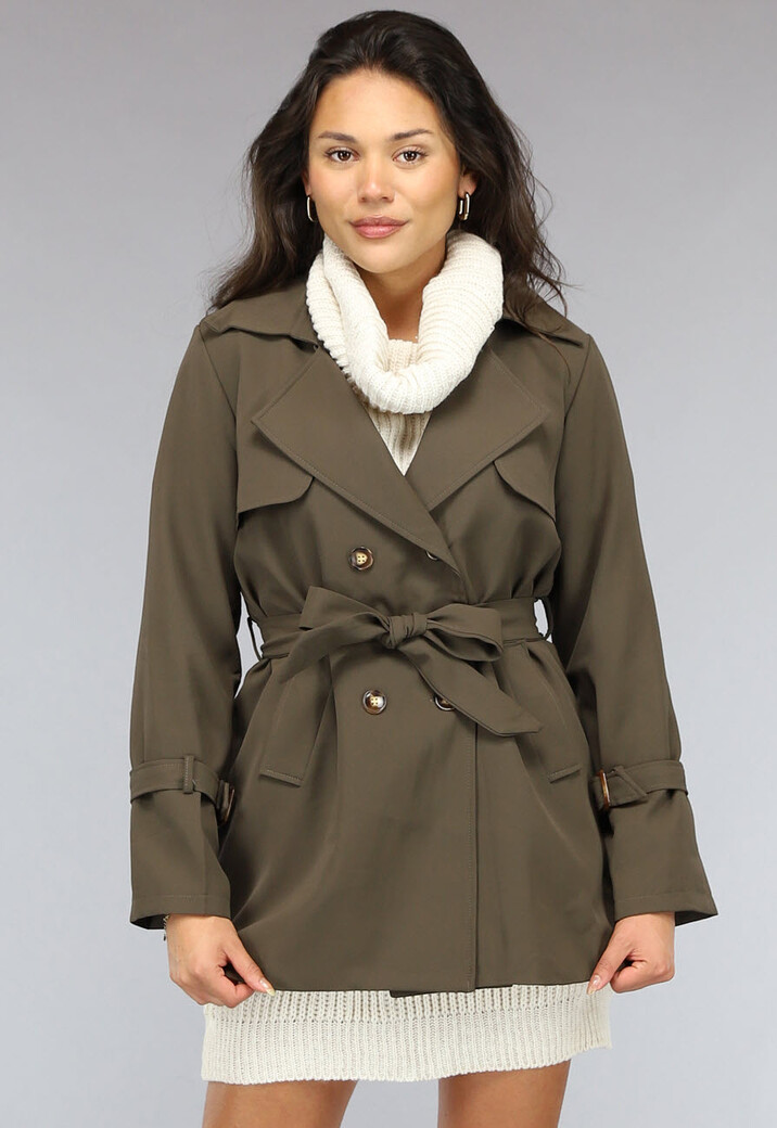 Korte Legergroene Trenchcoat met Gesp Details en Ceintuur