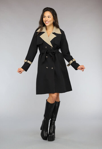 OP=OP.14.AV Tweekleurige Halflange Trenchcoat met Tailleband