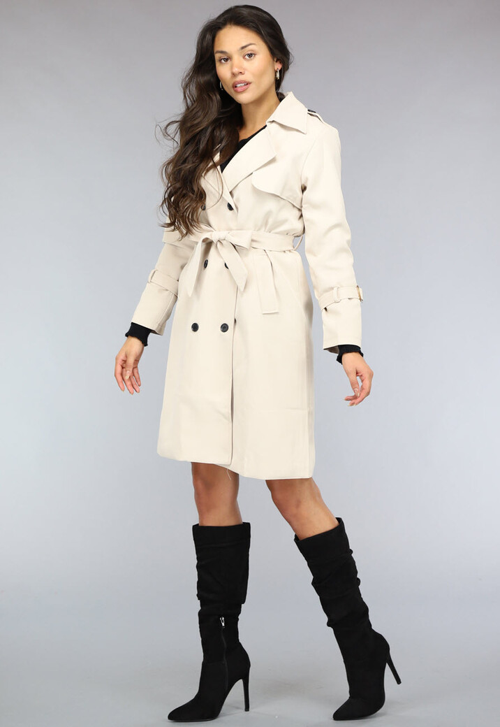 Lange Beige Jas met Tailleband en Knopen
