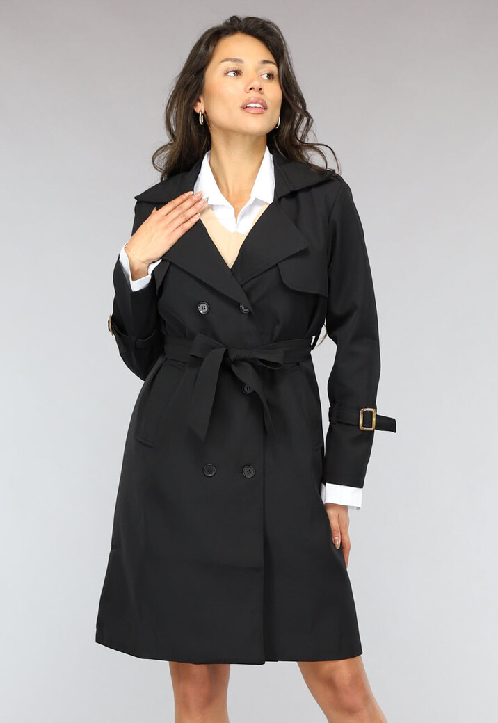 Zwarte Trenchcoat met Ceintuur en Zakken