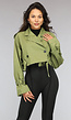 Groene Cropped Trenchcoat met Gespdetails