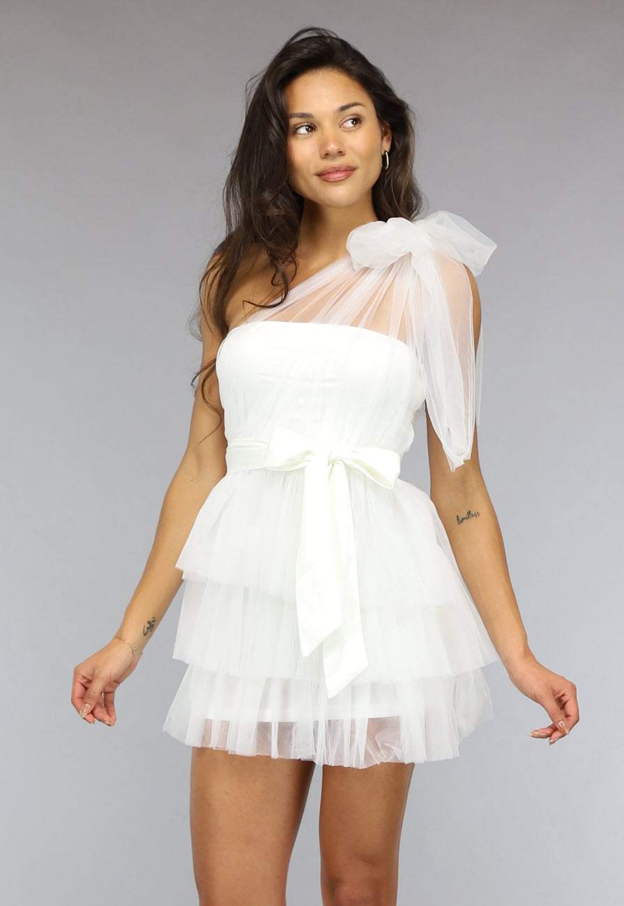 Witte Party Jurk met Tule Rok en Tailleband