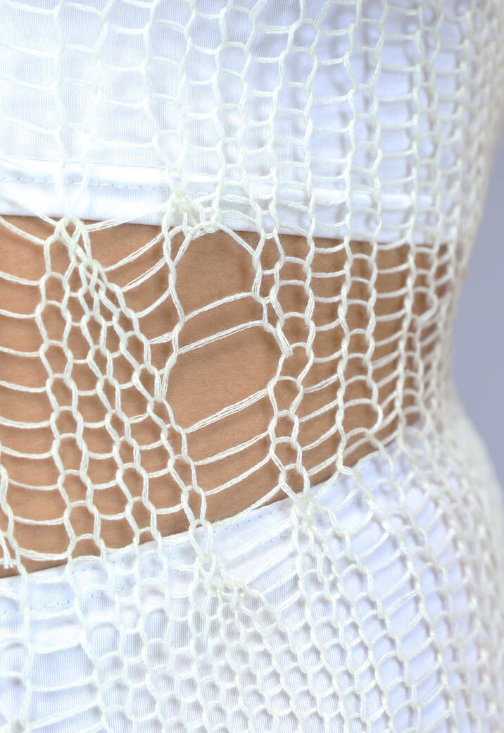 Beige Gehaakte One Sleeve Jurk met Gaten