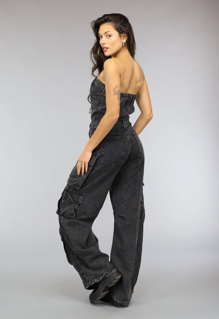 Strapless Denim Cargo Jumpsuit