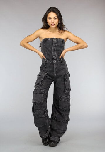 NEW2510 Strapless Denim Cargo Jumpsuit