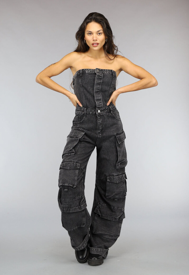 Strapless Denim Cargo Jumpsuit