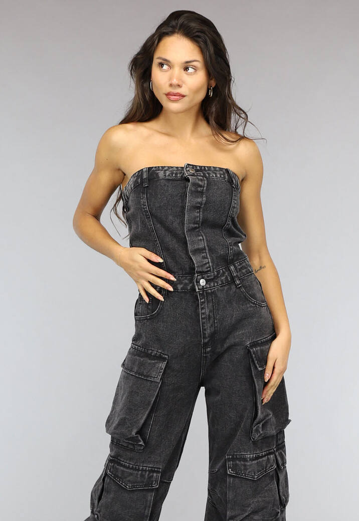 Strapless Denim Cargo Jumpsuit