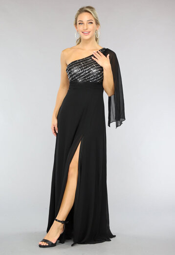 OP=OP! Lange Zwarte One Sleeve Chiffon Jurk