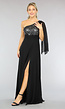 Lange Zwarte One Sleeve Chiffon Jurk met Split