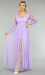 Paarse Glitter Maxi Jurk met Mesh Mouwen