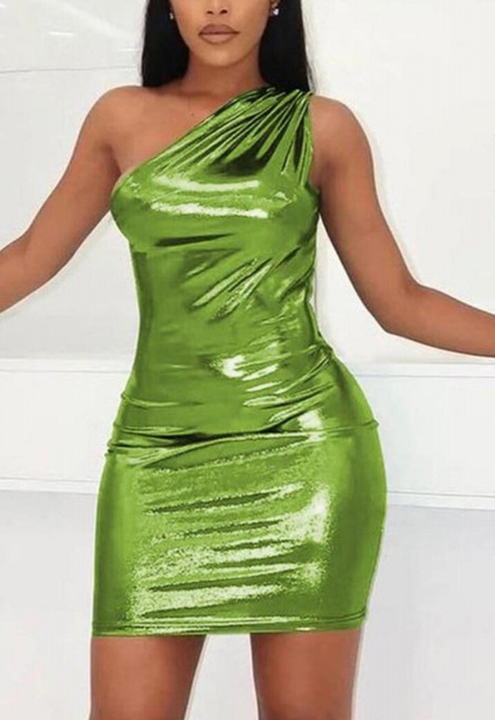 Metallic Groene Jurk met One Shoulder
