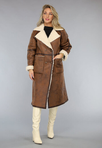 OP=OP! Bruine Lange Lammy Coat met Zakken