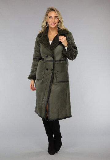 Legergroene Lange Lammy Coat met Teddy Voering