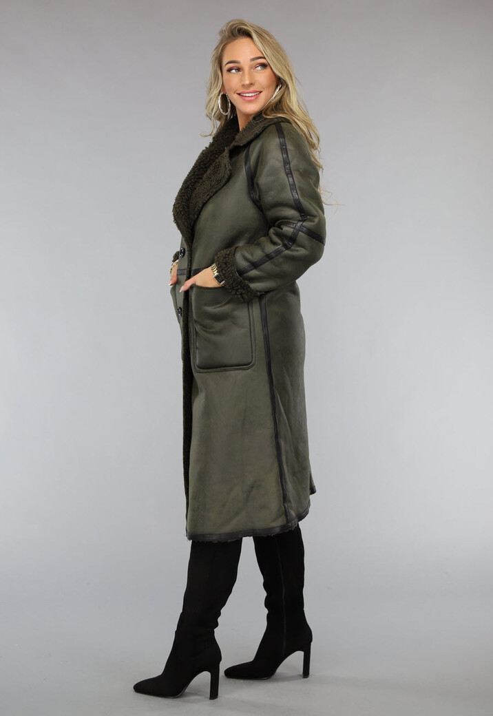Legergroene Lange Lammy Coat met Teddy Voering  en Zakken