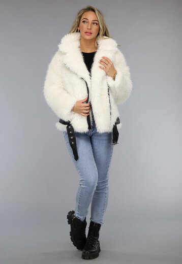 SALE50 Witte Faux Fur Winterjas met Riem