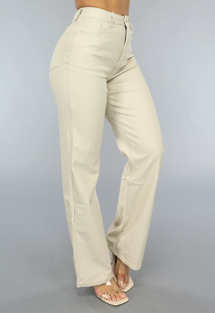 Beige Lederlook Stretch Broek met Rechte Pijpen