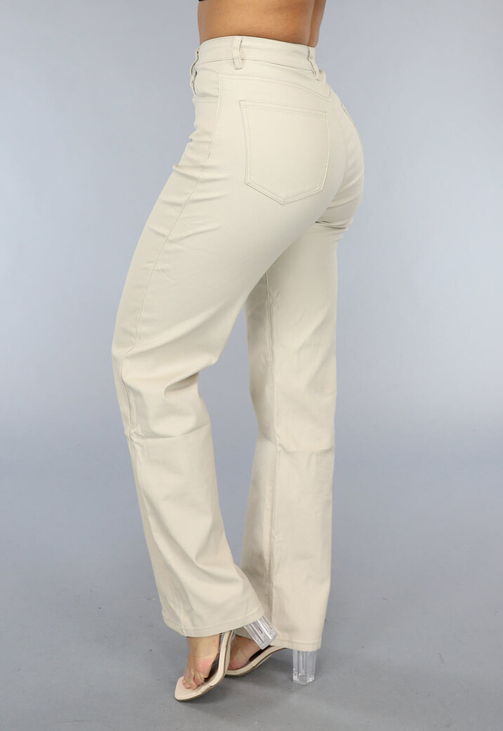 Beige Lederlook Stretch Broek met Rechte Pijpen