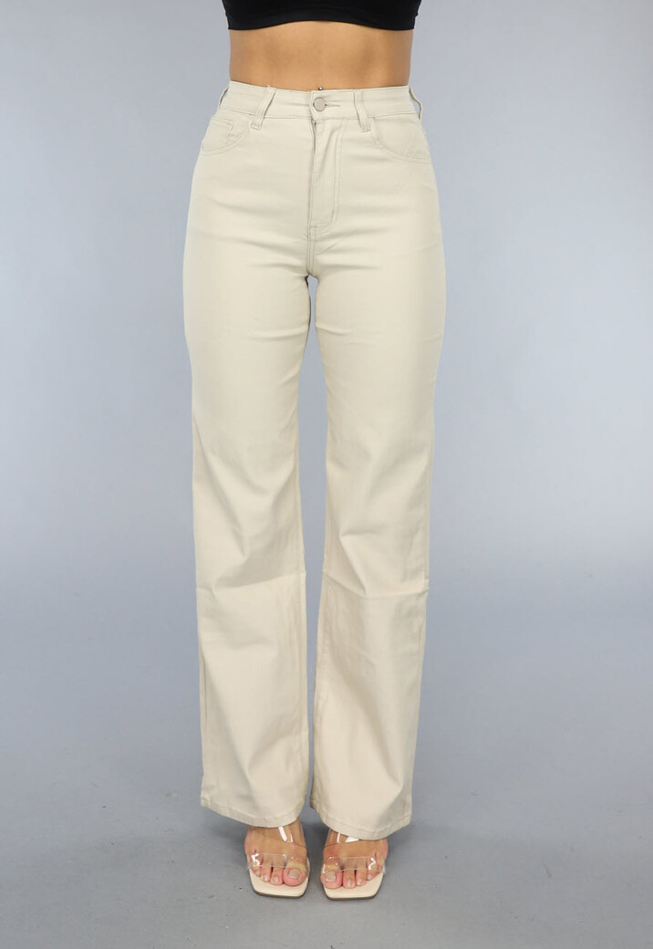 Beige Lederlook Stretch Broek met Rechte Pijpen