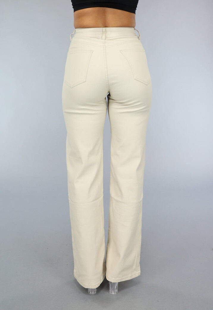 Beige Lederlook Stretch Broek met Rechte Pijpen