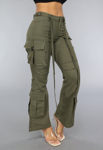 NEW0111 Legergroene Flared Cargo Jeans