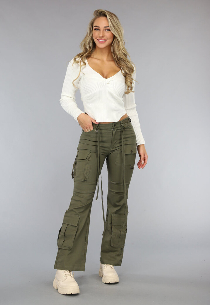 Legergroene Flared Cargo Jeans met Zakken