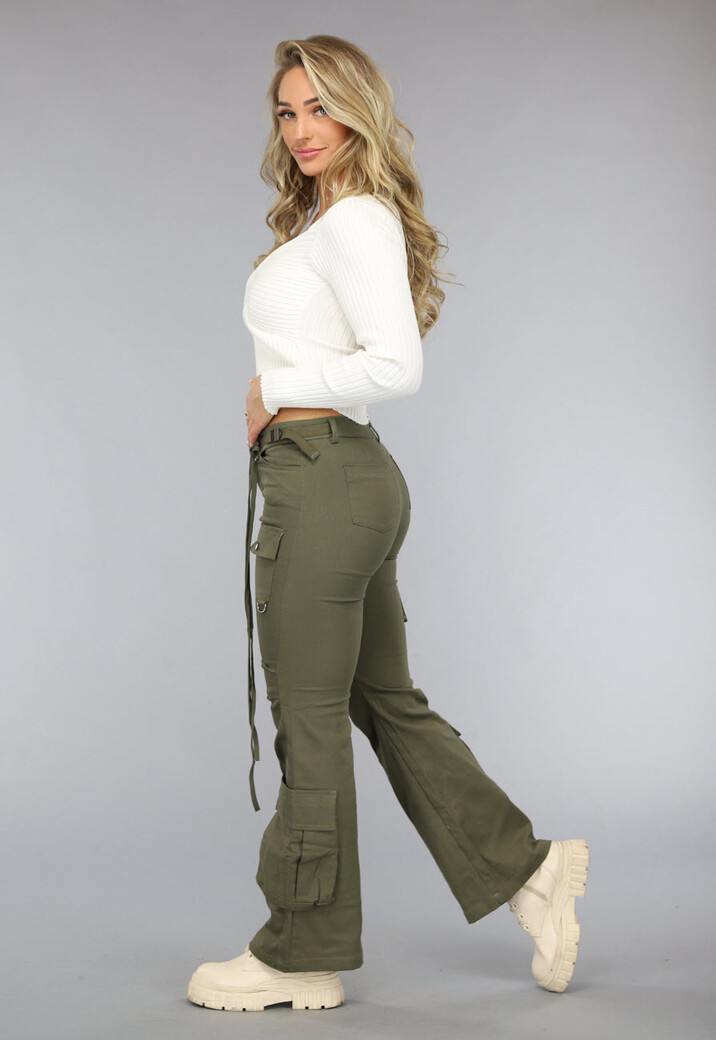 Legergroene Flared Cargo Jeans met Zakken