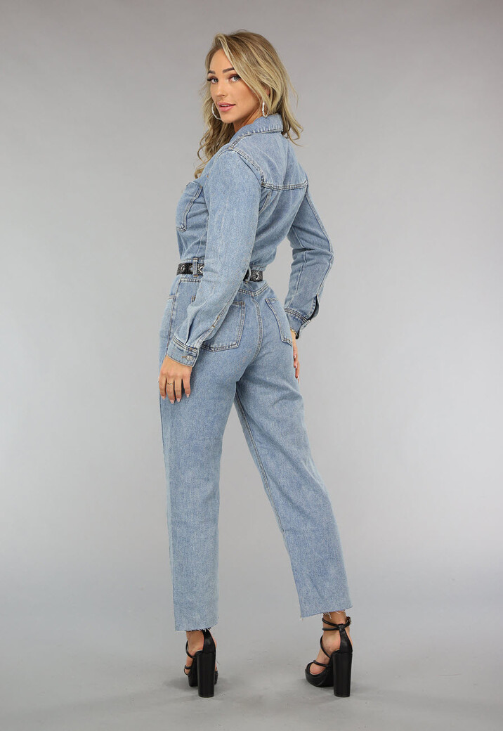 Blauwe Longsleeve Denim Jumpsuit met Wide Leg