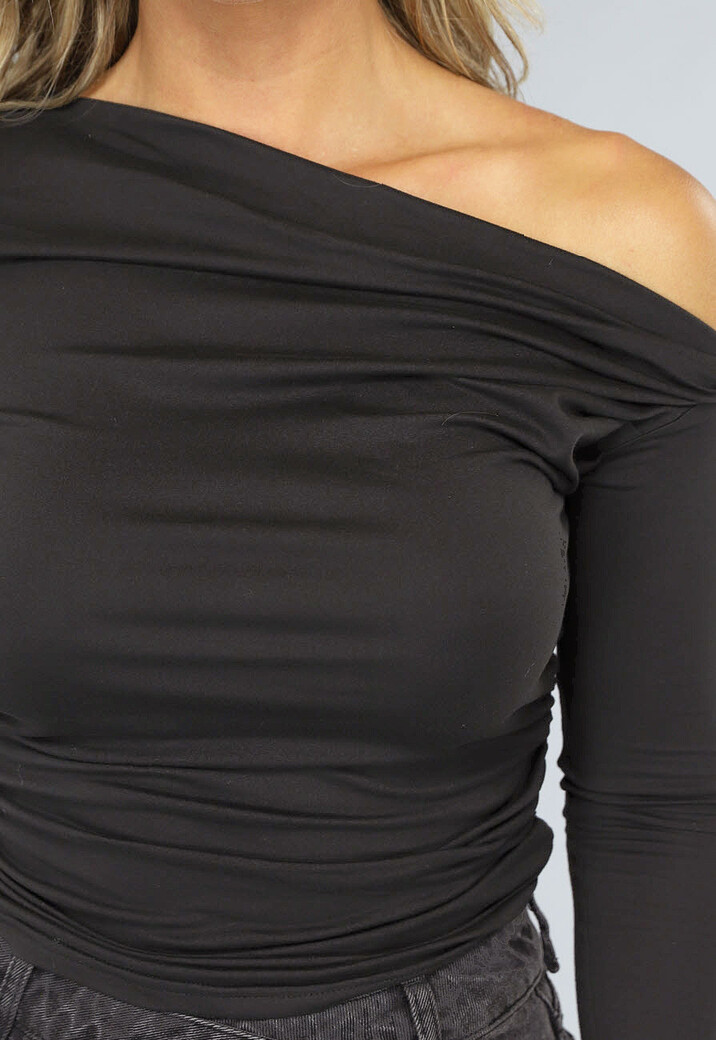 Zwarte Geplooide Top met Lange Mouwen