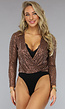 Bruine Longsleeve Glitter Bodysuit met Diepe V Hals