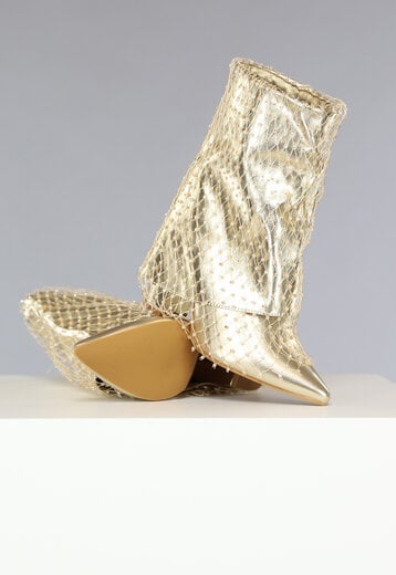 NEW0111 Gouden Overslag Boots met Fishnet Strass