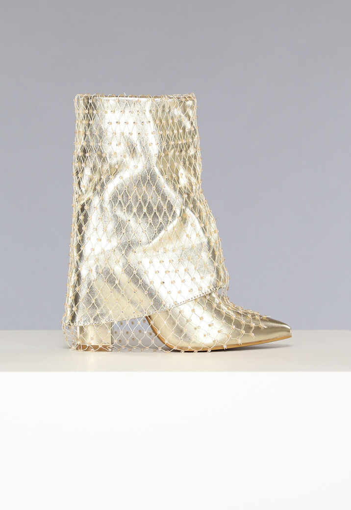 Gouden Overslag Boots met Fishnet Strass