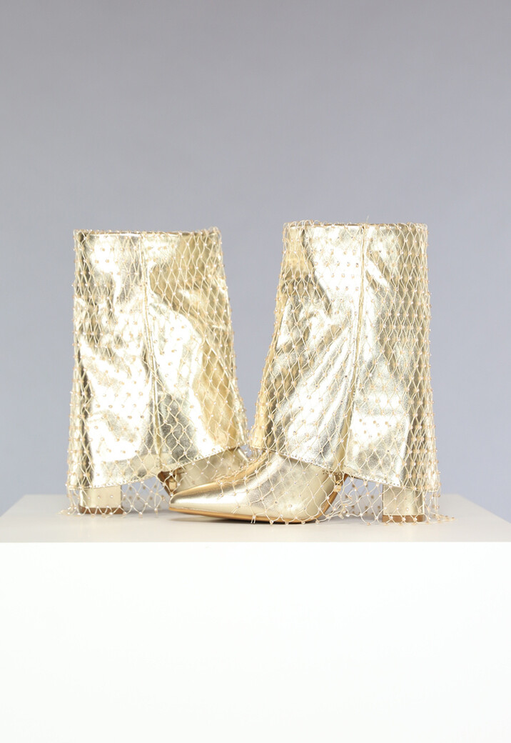 Gouden Overslag Boots met Fishnet Strass