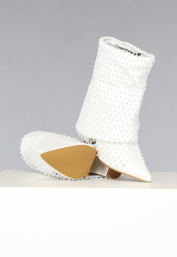 NEW0111 Witte Overslag Boots met Fishnet Strass