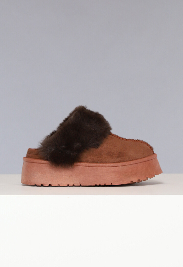 Bruine Plateau Pantoffels met Imitatiebont