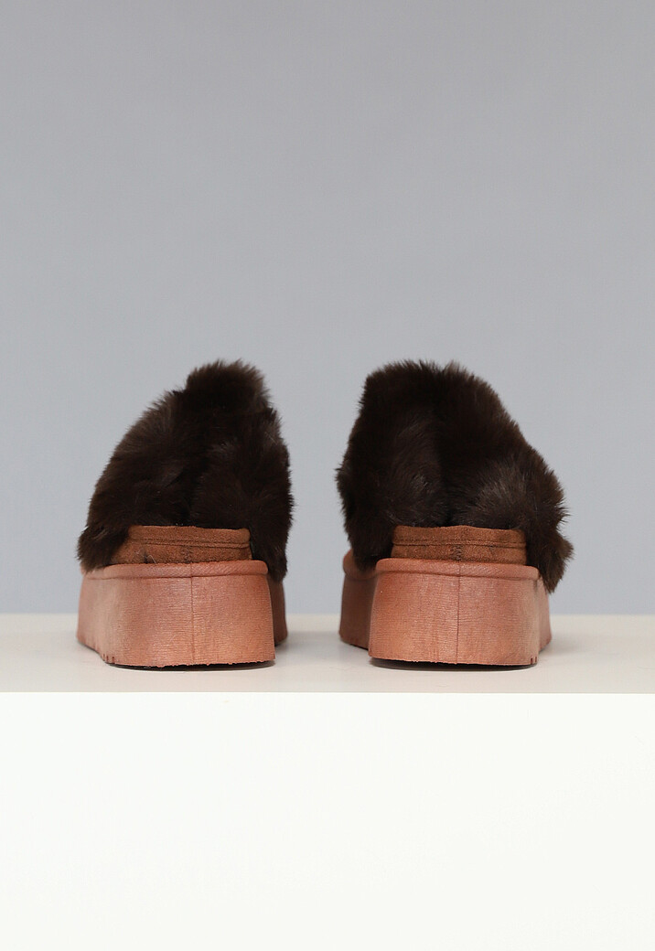 Bruine Plateau Pantoffels met Imitatiebont