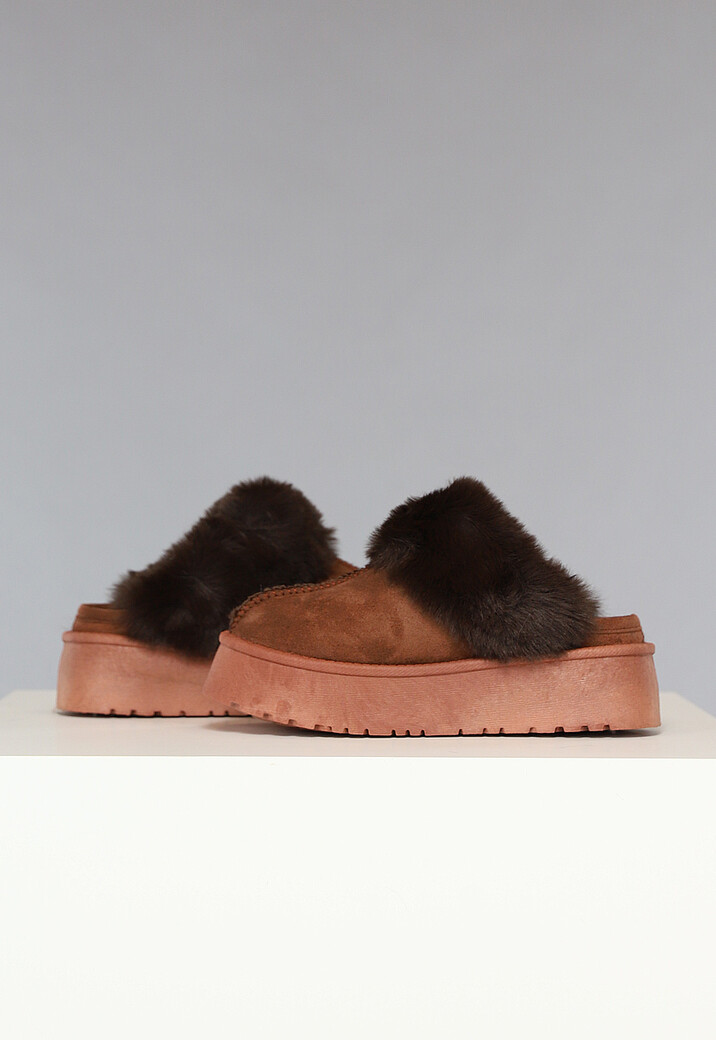 Bruine Plateau Pantoffels met Imitatiebont