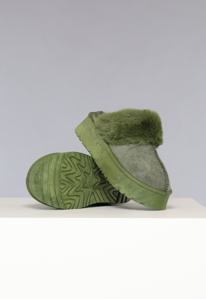 Groene Plateau Pantoffels met Imitatiebont