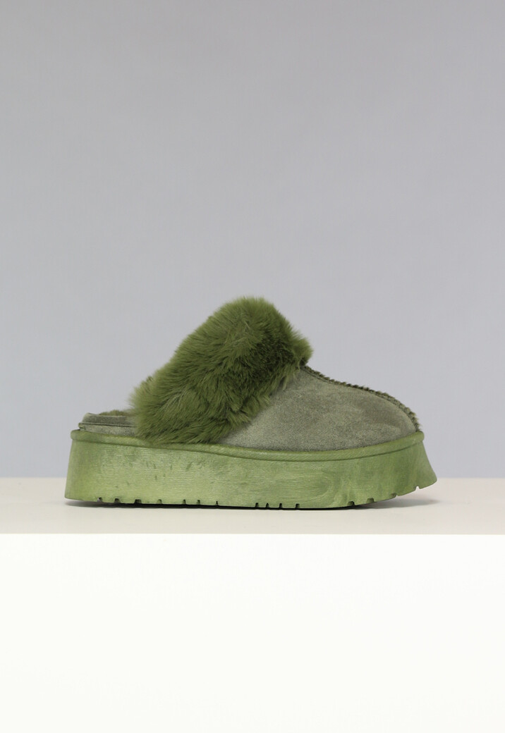 Groene Plateau Pantoffels met Imitatiebont