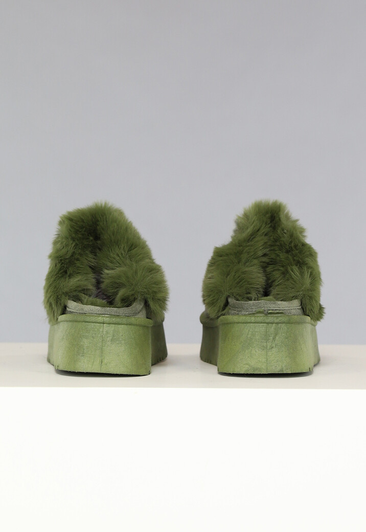 Groene Plateau Pantoffels met Imitatiebont