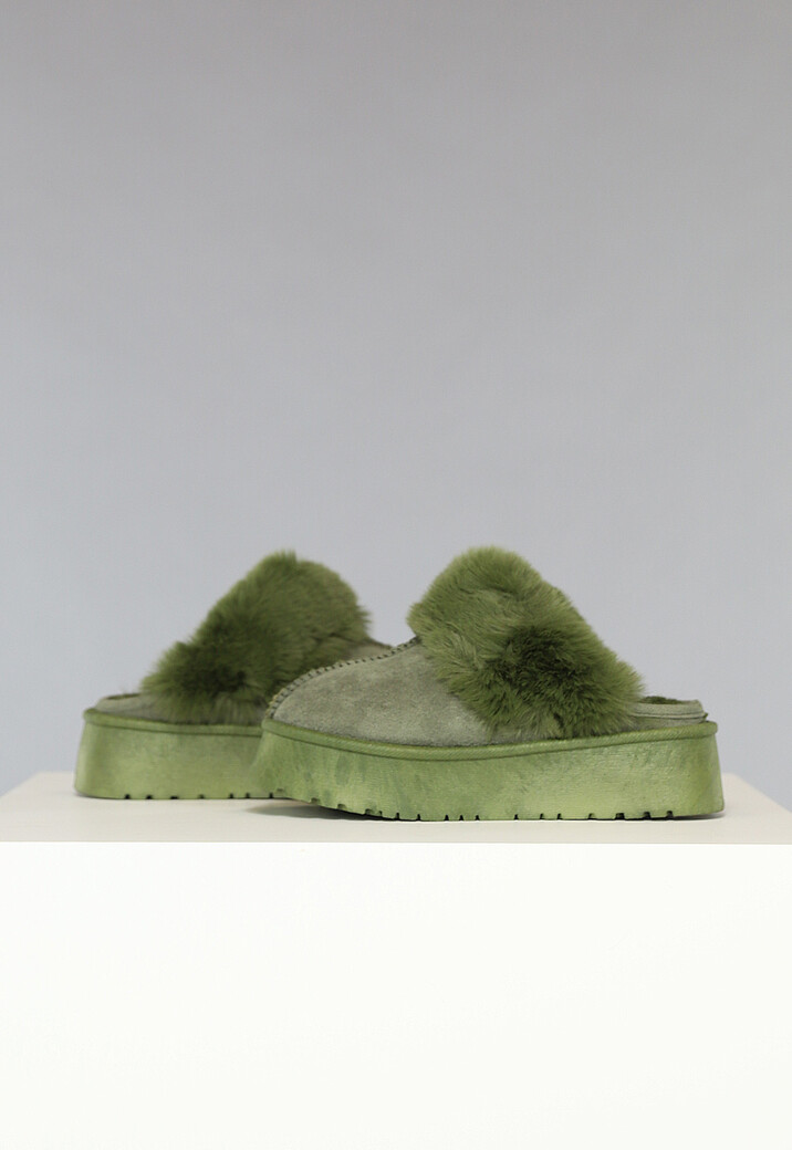 Groene Plateau Pantoffels met Imitatiebont