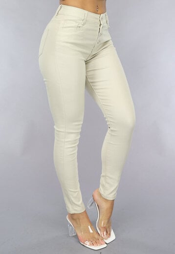 NEW0111 Beige Coated Lederlook Broek