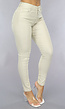 Beige Coated Lederlook Broek met Stretch