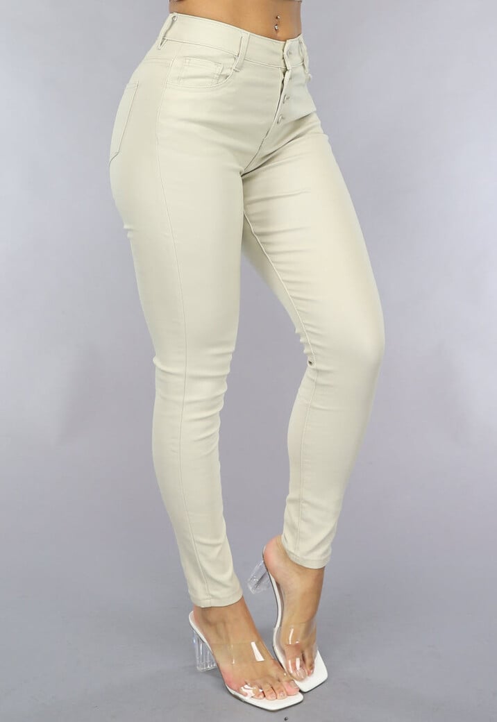 Beige Coated Lederlook Broek met Stretch