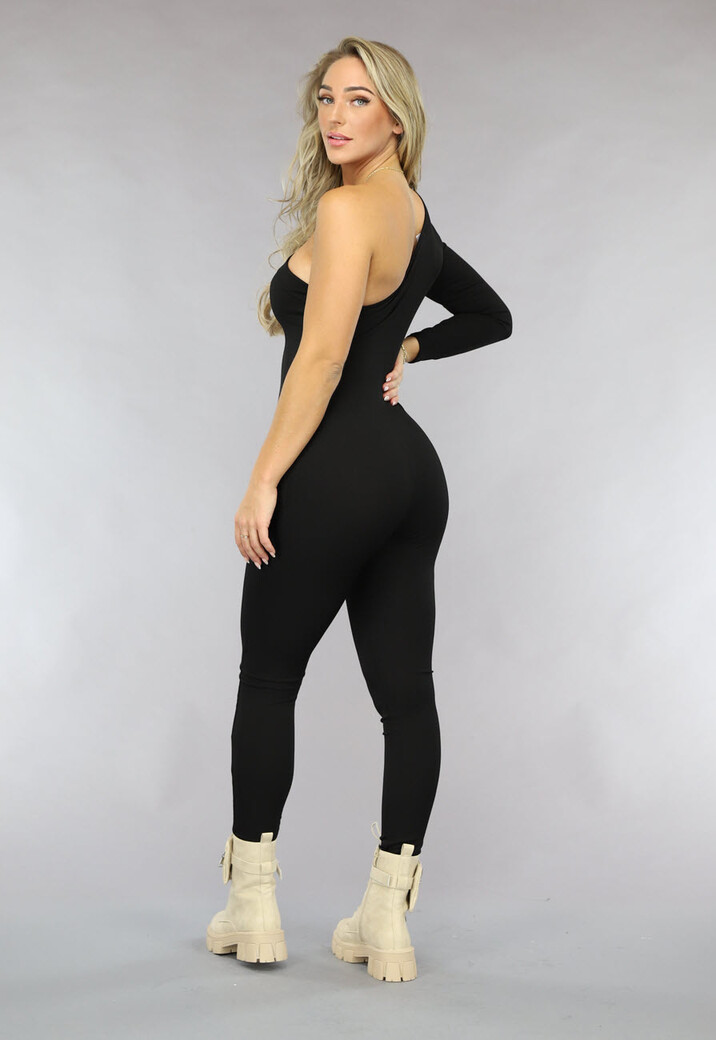 Zwarte One Shoulder Ribstof Jumpsuit