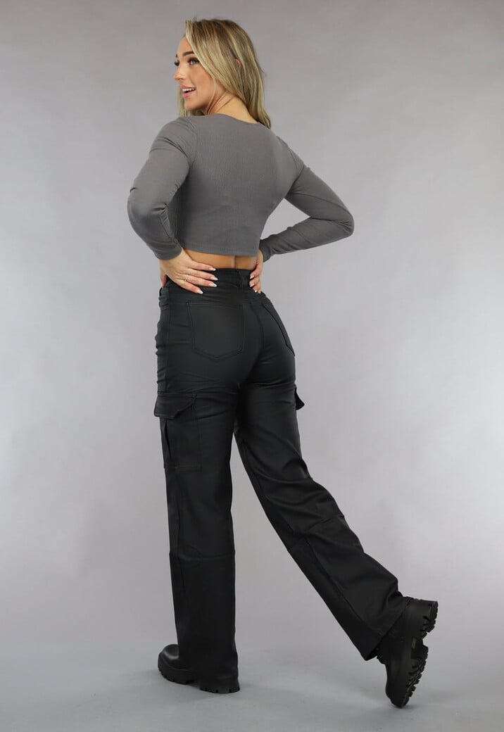 Grijze Rib Top met Lange Mouwen en Rits