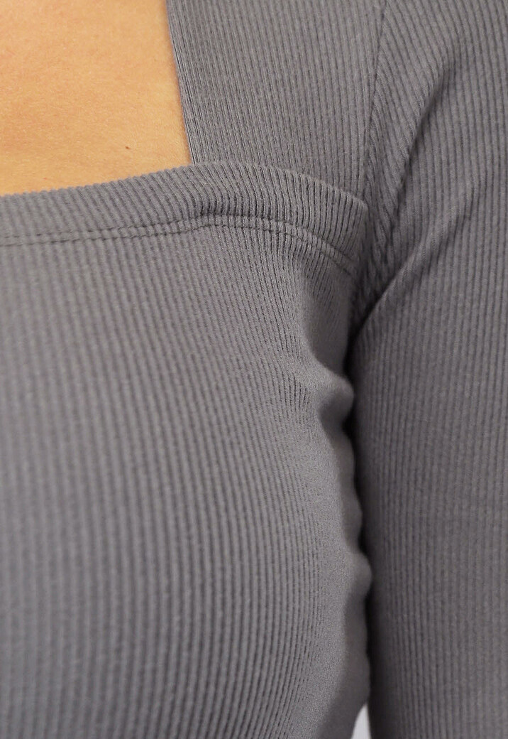 Grijze Rib Top met Lange Mouwen en Rits