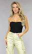 Strapless Zwarte Geplooide Ribstof Top met Padding